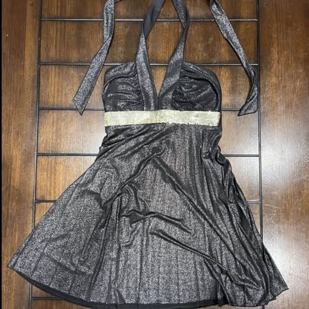 Womens Rampage Black Silver Gold Glitter Halter Dress Size S Y2K Vintage Party